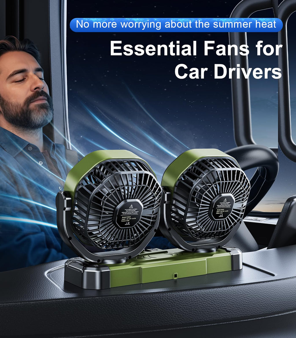DICMKY Dual Head Car Cooling Fan for Dashboard, DC 5V USB / 12V / 24V Universal Cigarette Lighter Plug Car Fans That Blow Cold Air Cooler for Vehicles Sedan Suv Rv Van Truck Utv Tractor Cab without AC