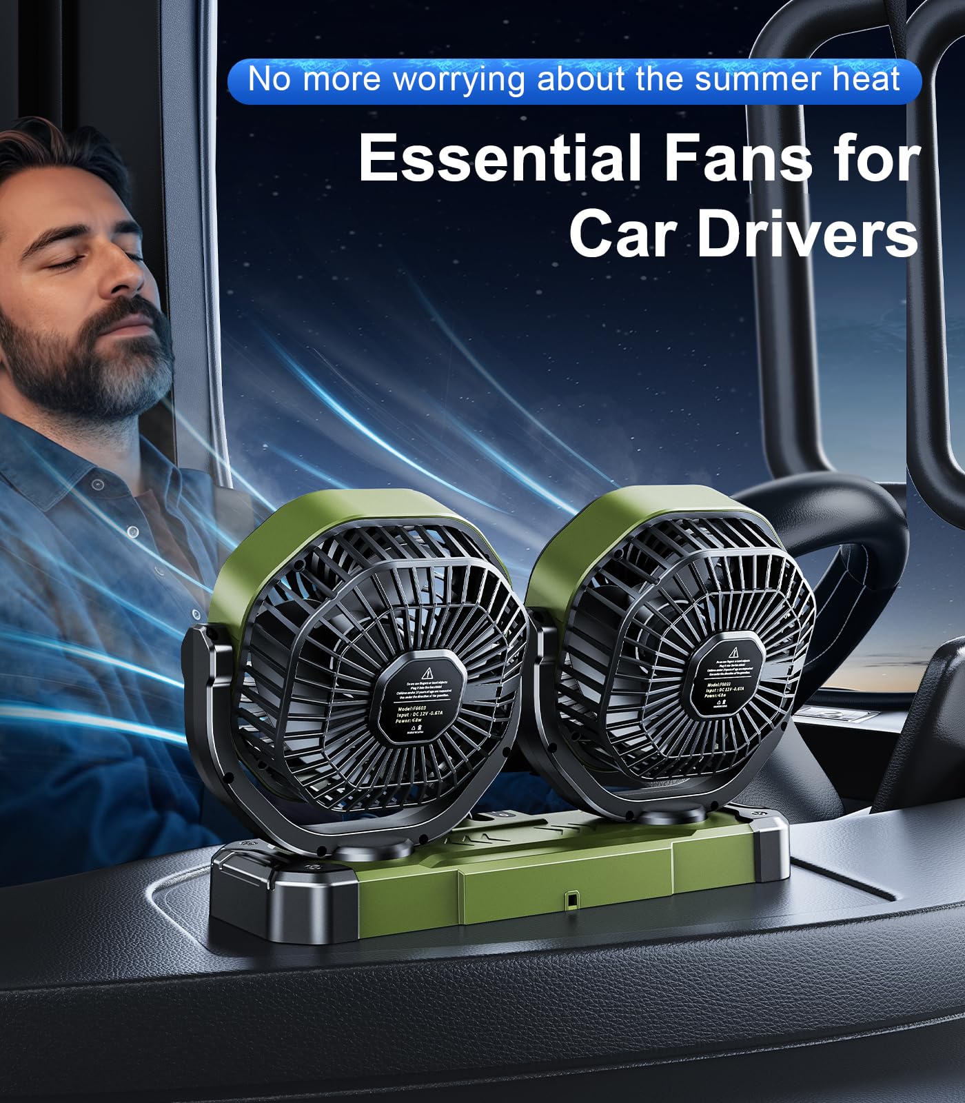 DICMKY Dual Head Car Cooling Fan for Dashboard, DC 5V USB / 12V / 24V Universal Cigarette Lighter Plug Car Fans That Blow Cold Air Cooler for Vehicles Sedan Suv Rv Van Truck Utv Tractor Cab without AC
