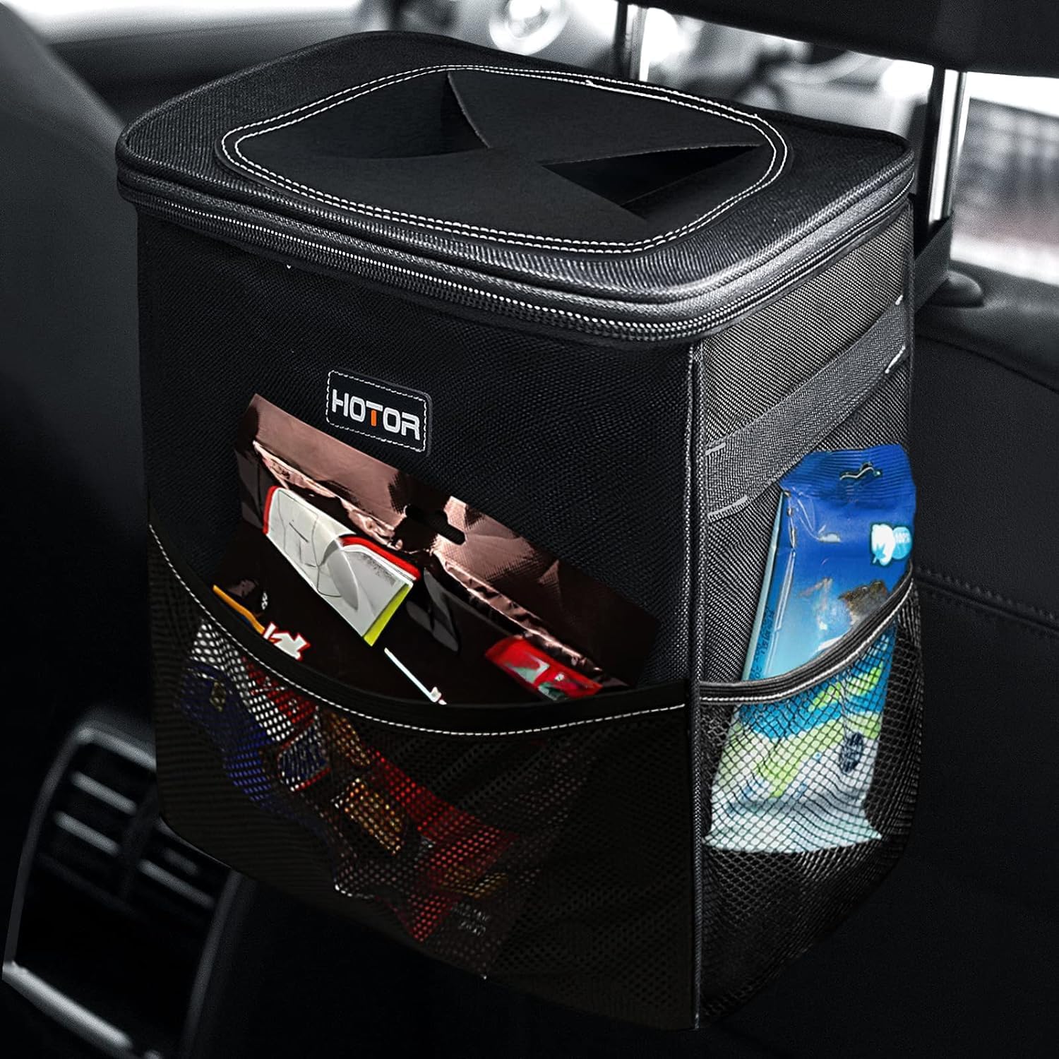 HOTOR Car Trash Can with Lid and Storage Pockets - 100% Leak-Proof Organizer, Waterproof Garbage Can, Multipurpose Trash Bin for Car
