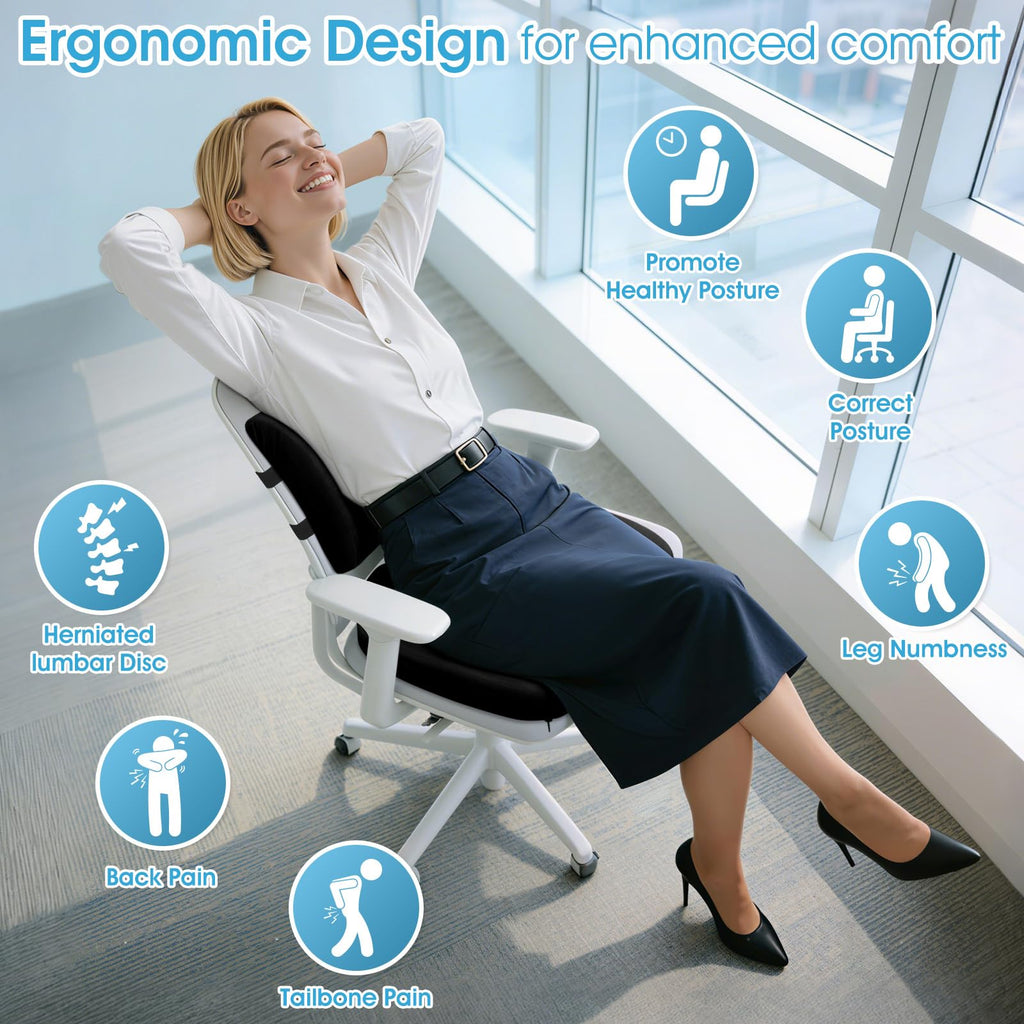 CushZone Ergonomic Seat Cushion & Lumbar Support Pillow - Memory Foam for Sciatica Pain Relief & Posture Correction, Non-Slip Chair Cushions for Office Chair/Car/Travel