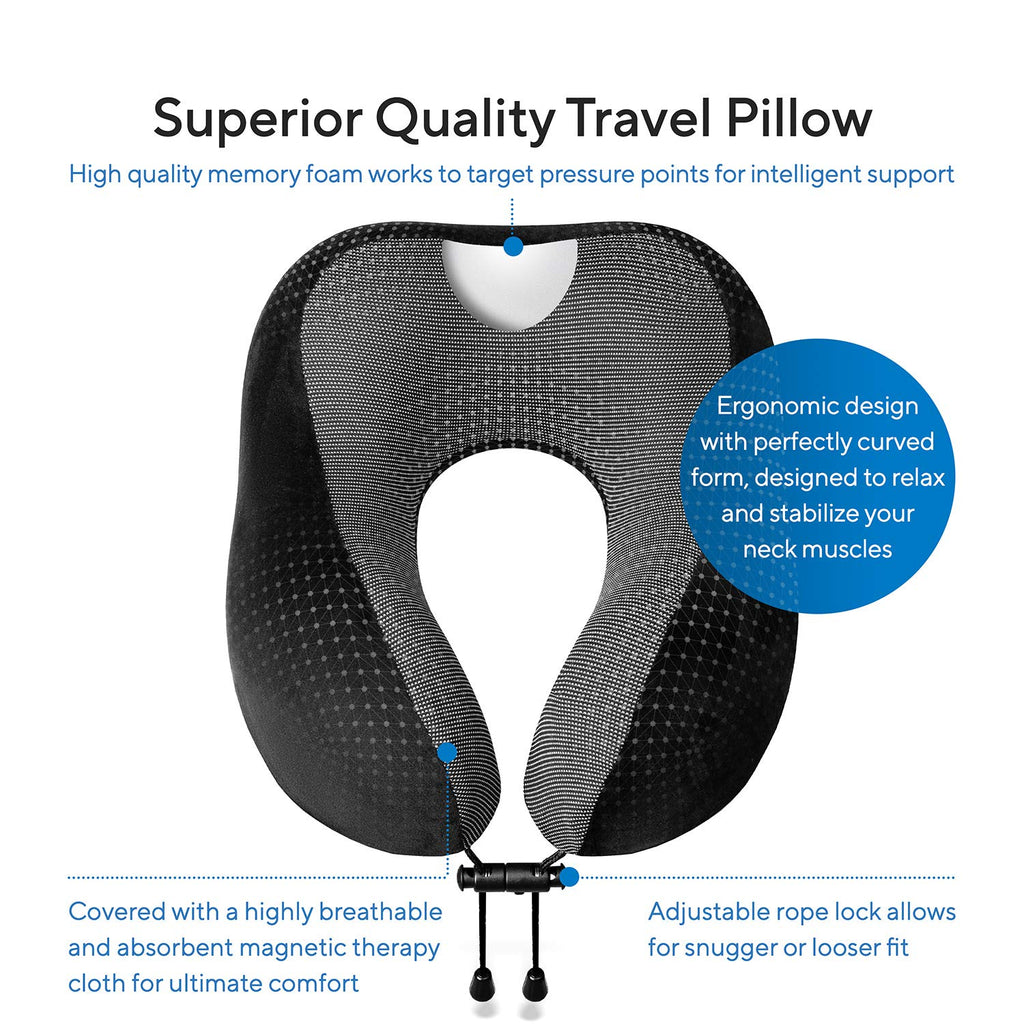 Proglobe Neck Pillow Travel Kit - Neck Pillow for Airplane Travel 100% Pure Memory Foam with Comfortable & Breathable Cover Kit Includes 3D Sleep Mask, Earplugs, and Luxury Blanket and Bag, Black