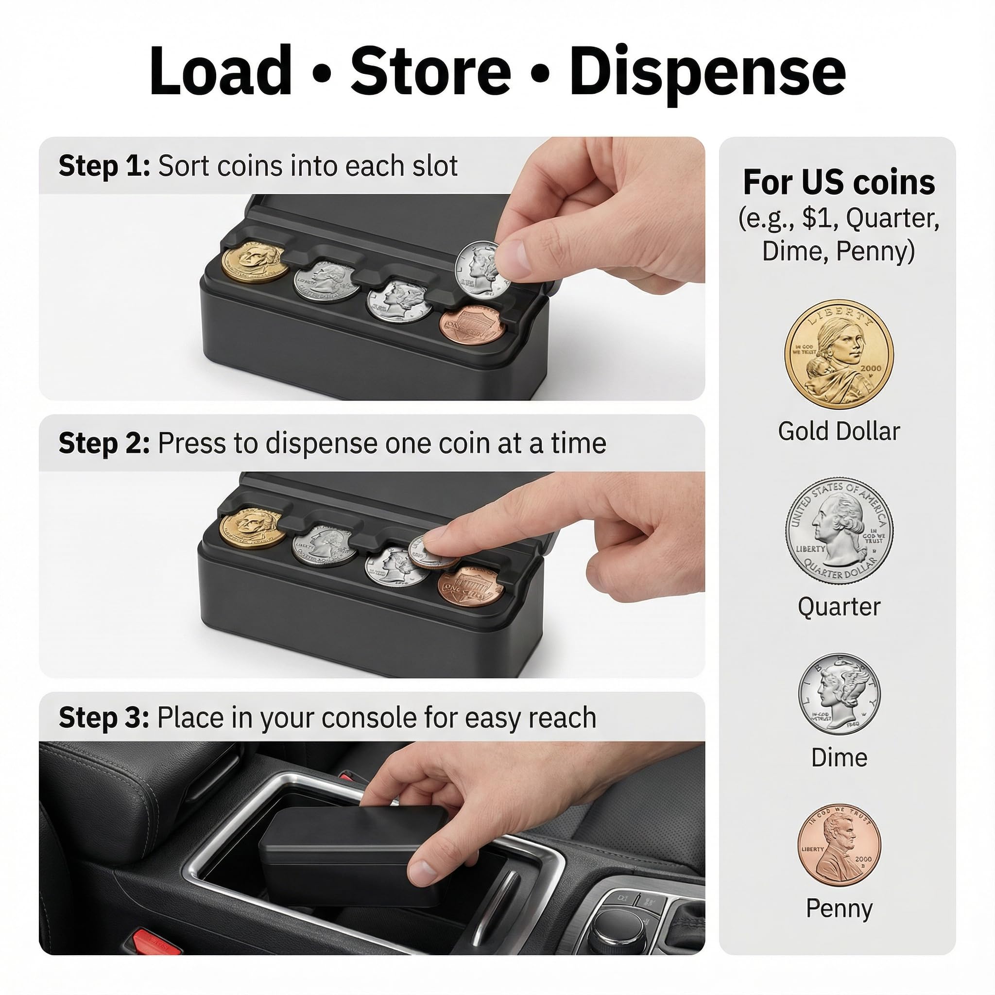 Loniyhu Compact Car Coin Organizer - 4 Compartment Change Holder for Taxi, SUV, Truck - Auto Clamping Coin Case for Quarters, Dimes & Dollars