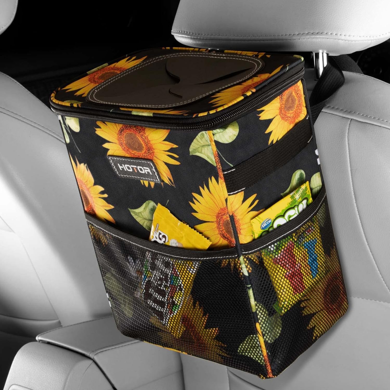 HOTOR Car Trash Can with Lid and Storage Pockets - 100% Leak-Proof Organizer, Waterproof Garbage Can, Multipurpose Trash Bin for Car