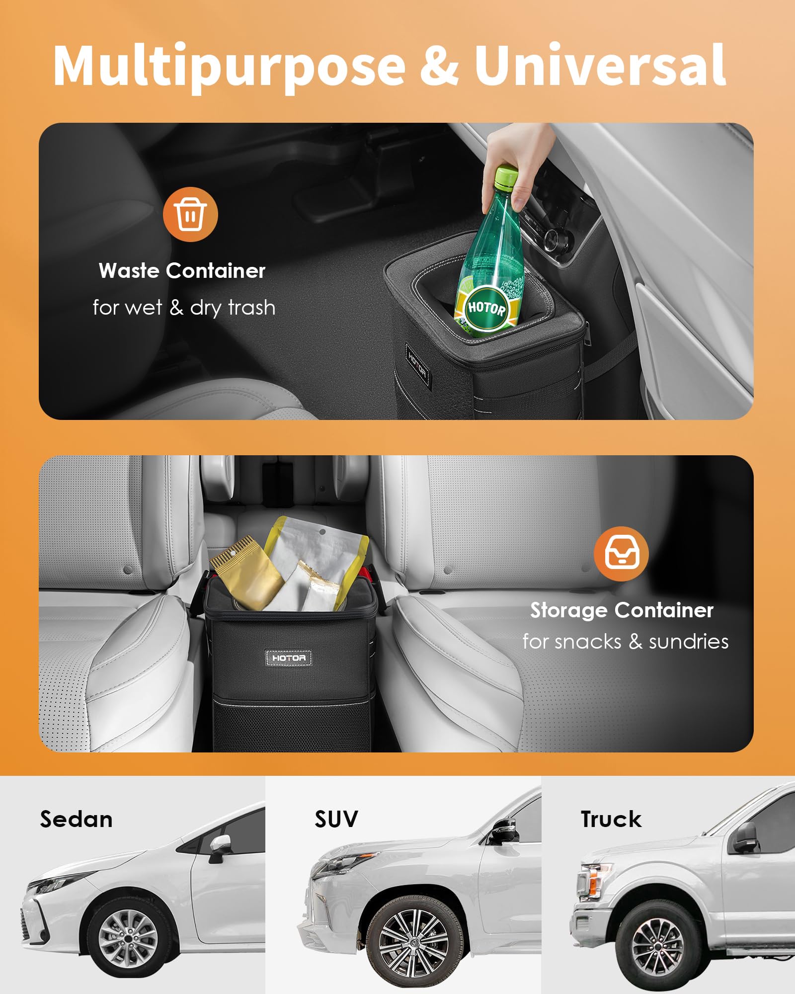 HOTOR Car Trash Can with Lid and Storage Pockets - 100% Leak-Proof Organizer, Waterproof Garbage Can, Multipurpose Trash Bin for Car
