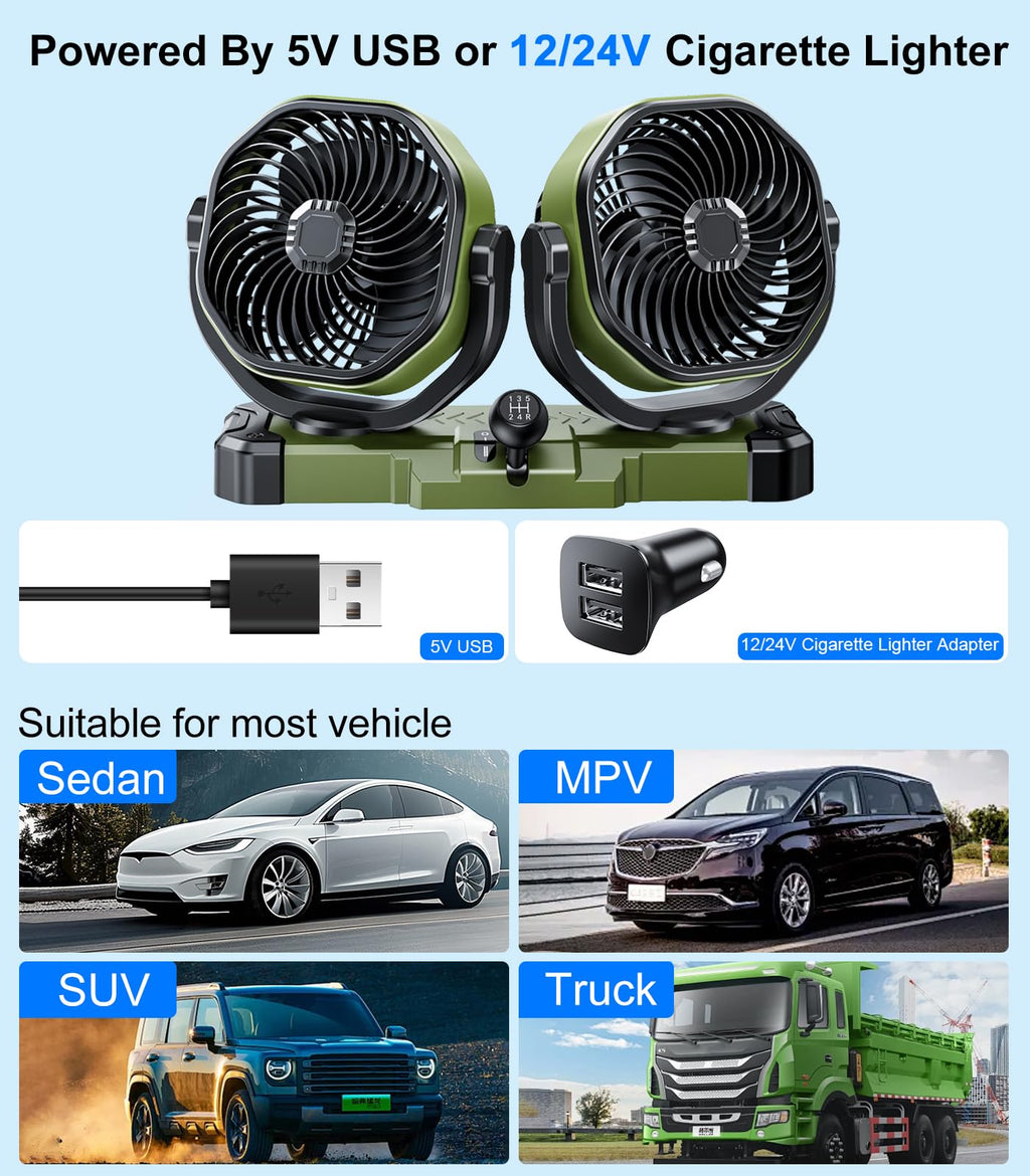 DICMKY Dual Head Car Cooling Fan for Dashboard, DC 5V USB / 12V / 24V Universal Cigarette Lighter Plug Car Fans That Blow Cold Air Cooler for Vehicles Sedan Suv Rv Van Truck Utv Tractor Cab without AC