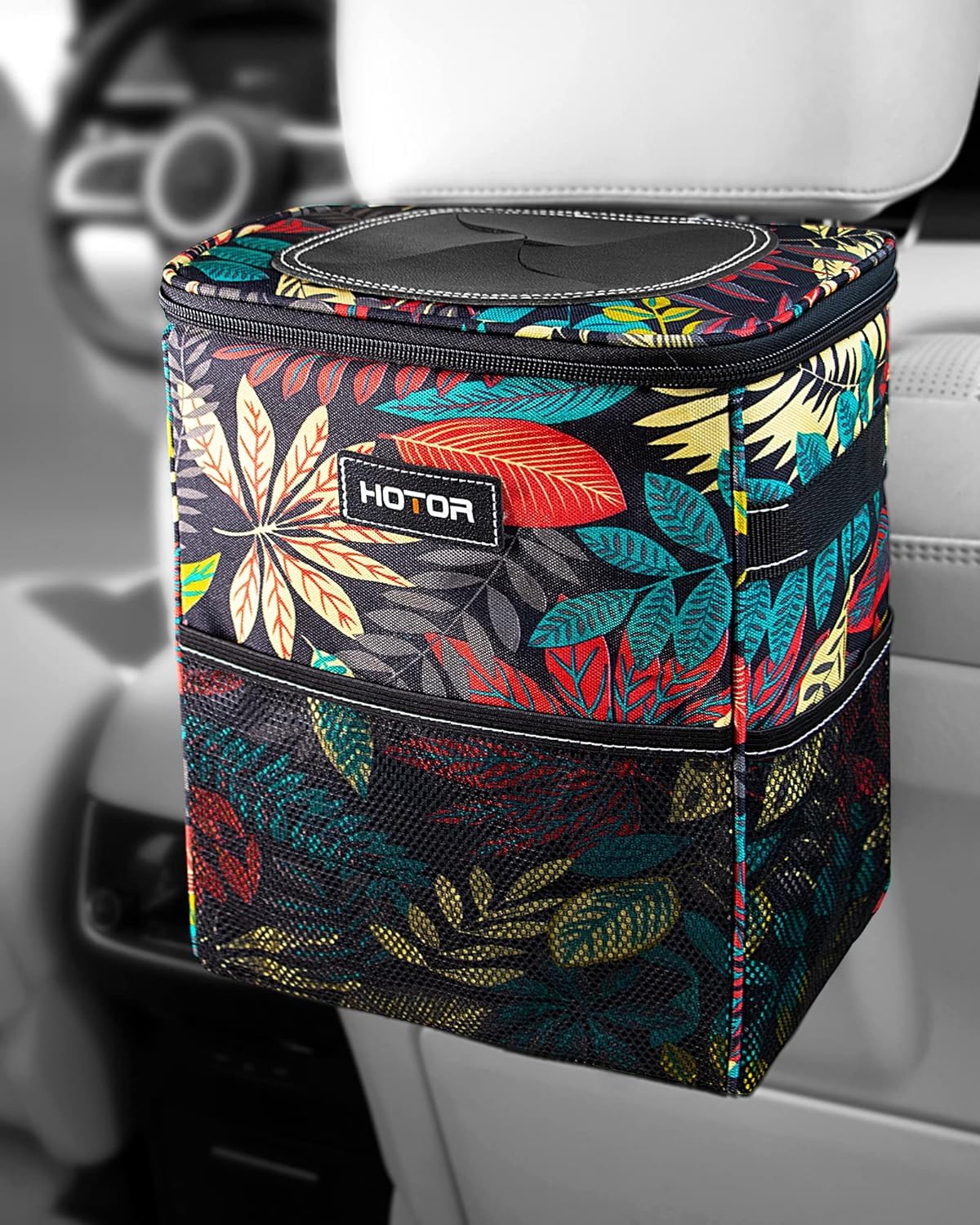 HOTOR Car Trash Can with Lid and Storage Pockets - 100% Leak-Proof Organizer, Waterproof Garbage Can, Multipurpose Trash Bin for Car