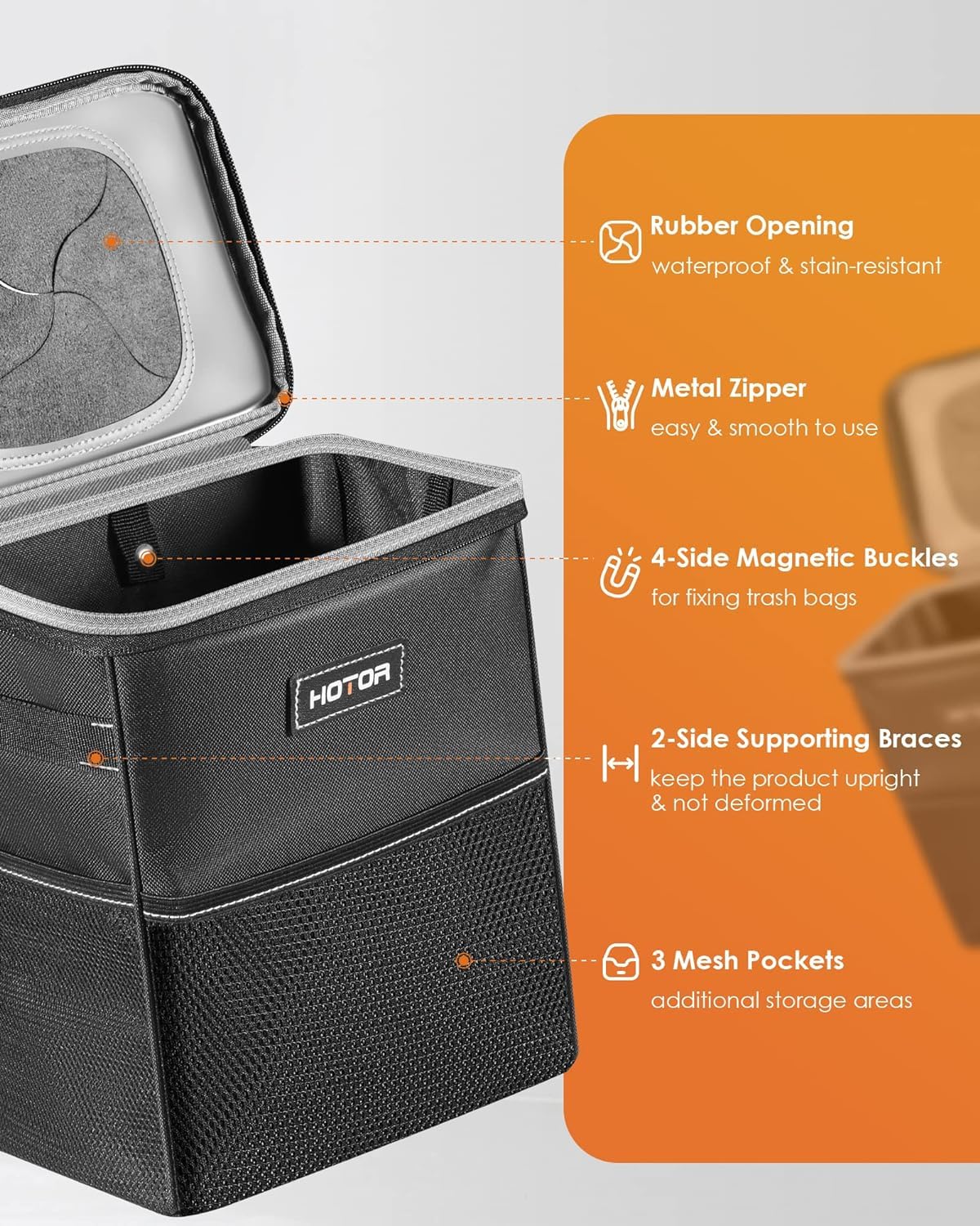 HOTOR Car Trash Can with Lid and Storage Pockets - 100% Leak-Proof Organizer, Waterproof Garbage Can, Multipurpose Trash Bin for Car