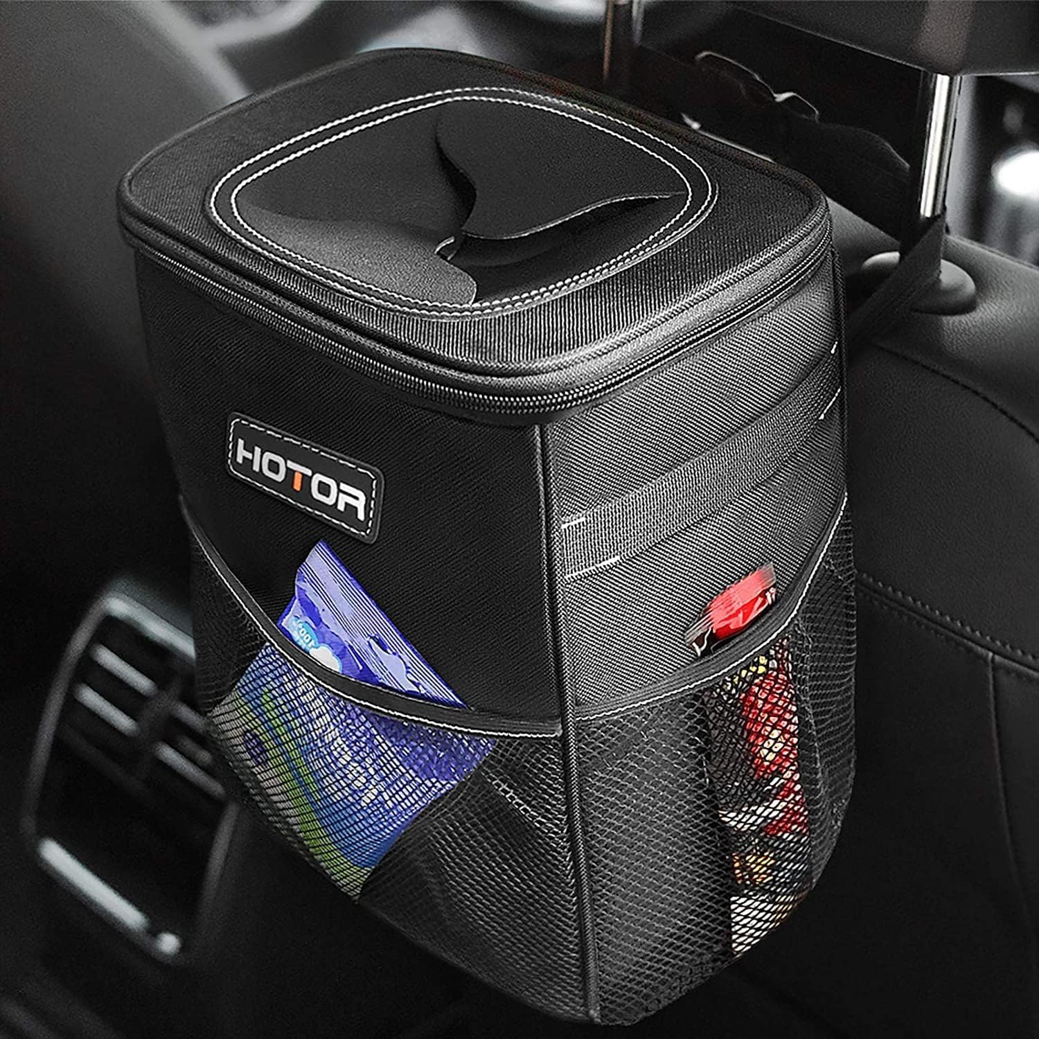 HOTOR Car Trash Can with Lid and Storage Pockets - 100% Leak-Proof Organizer, Waterproof Garbage Can, Multipurpose Trash Bin for Car