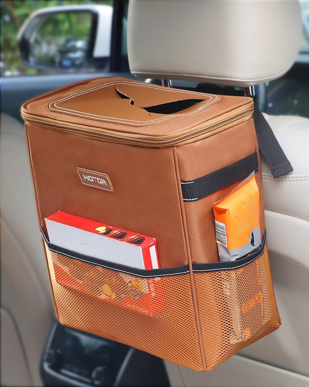HOTOR Car Trash Can with Lid and Storage Pockets - 100% Leak-Proof Organizer, Waterproof Garbage Can, Multipurpose Trash Bin for Car