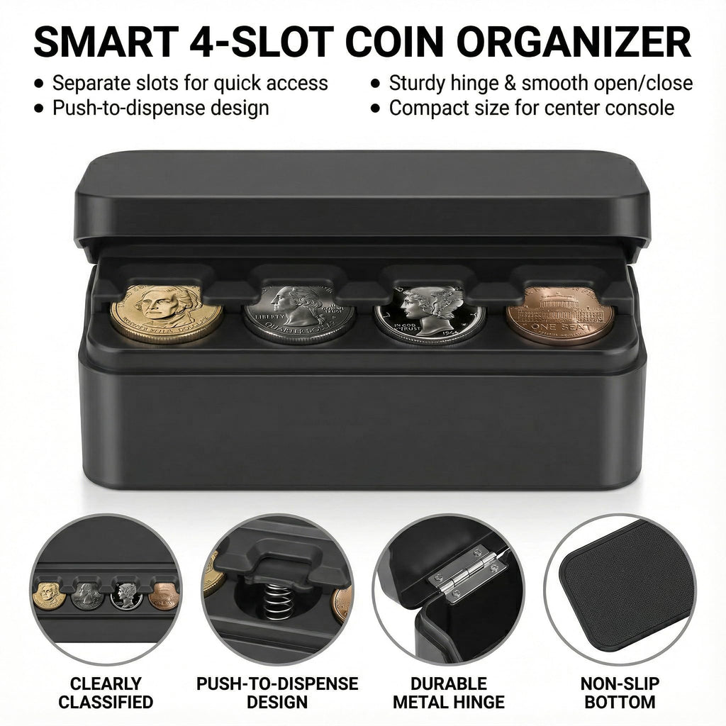 Loniyhu Compact Car Coin Organizer - 4 Compartment Change Holder for Taxi, SUV, Truck - Auto Clamping Coin Case for Quarters, Dimes & Dollars