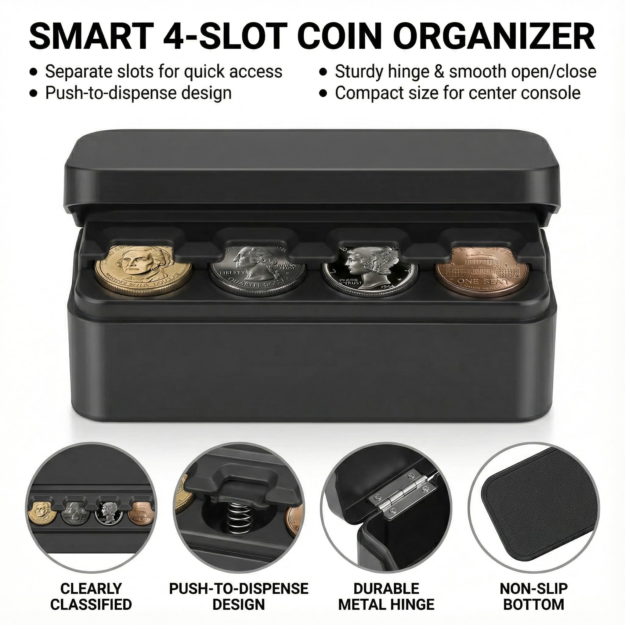 Loniyhu Compact Car Coin Organizer - 4 Compartment Change Holder for Taxi, SUV, Truck - Auto Clamping Coin Case for Quarters, Dimes & Dollars