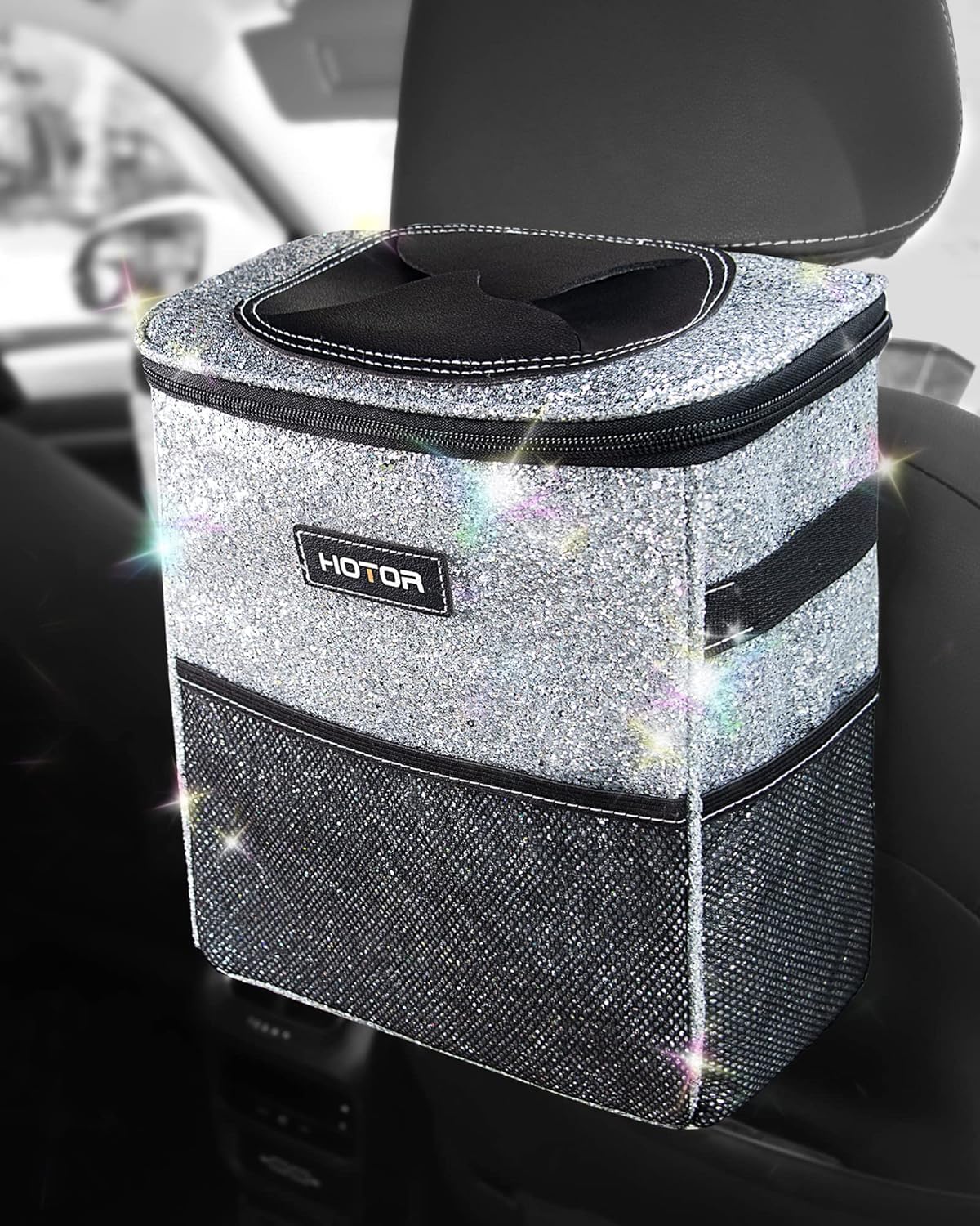 HOTOR Car Trash Can with Lid and Storage Pockets - 100% Leak-Proof Organizer, Waterproof Garbage Can, Multipurpose Trash Bin for Car