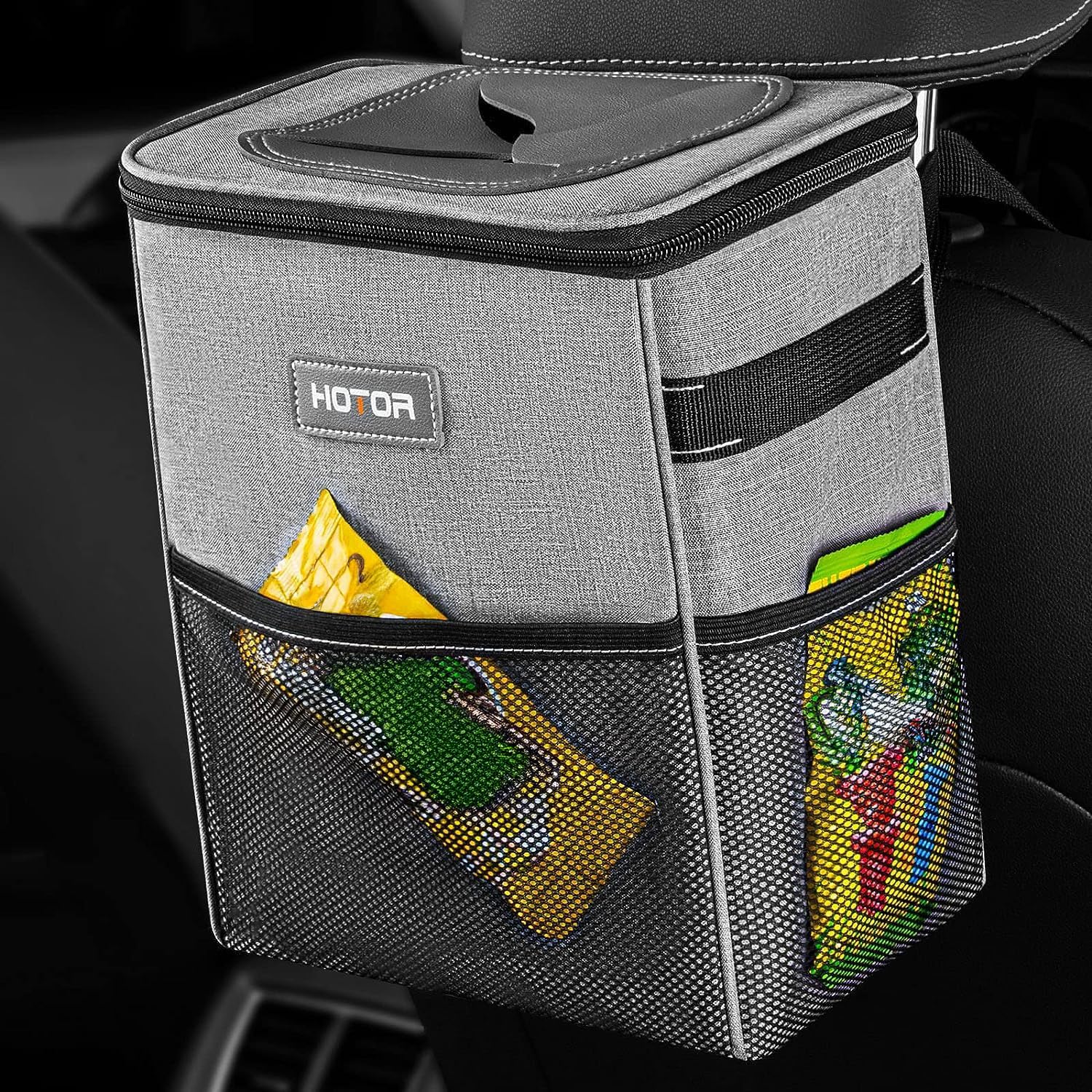 HOTOR Car Trash Can with Lid and Storage Pockets - 100% Leak-Proof Organizer, Waterproof Garbage Can, Multipurpose Trash Bin for Car