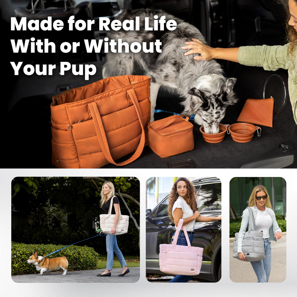 Rubyloo Dog Mom Essentials Bundle - Puffer Tote with Storage Containers (Pink) and 32 oz Water Bottle with Detachable Bowl (Dog Mom) - Travel Bag and Hydration Set